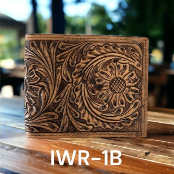 Mens Tan Leather Bi-fold Wallet Floral Tooled by Ranger Belt Company IWR-1B - Picture 1 of 10